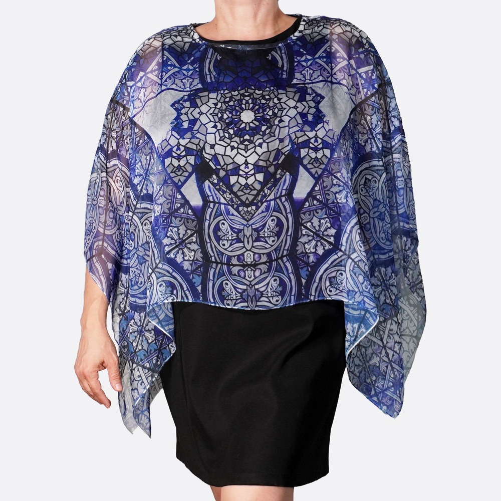 Style & Co Mandala Print Blue Sheer Poncho Top XL fits O/S